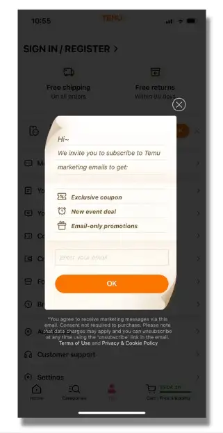 Sign up for Temu’s newsletter