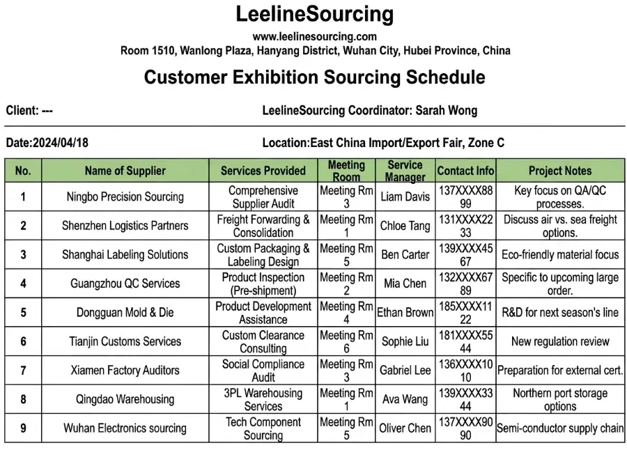 Customer Exhibition Sourcing Schedule