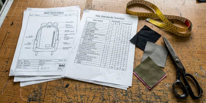 Detailed bag tech pack and AQL standards checklist on a factory cutting table