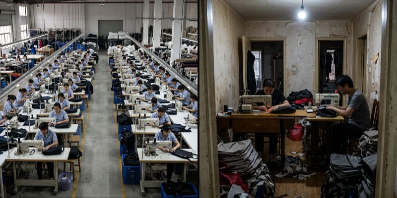 Side-by-side comparison of a legitimate bag factory floor and a fake factory in a residential apartment