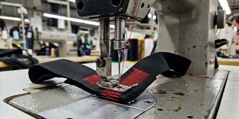 .Juki 1541 industrial sewing machine stitching a heavy red bartack on a bag handle