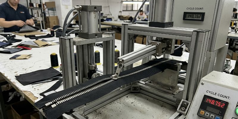 Industrial zipper cycle testing machine inspecting a heavy-duty metal bag zipper