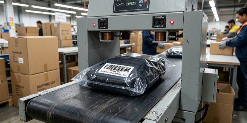 Packaged bag with FNSKU barcode passing through a dual-sensor needle detection machine