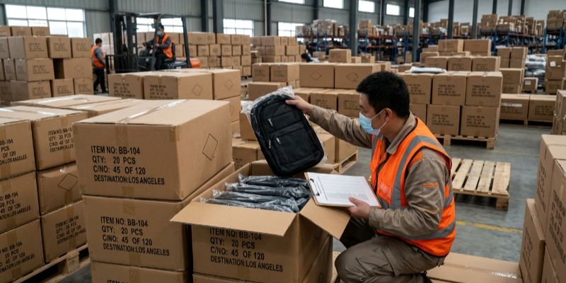 Inspector conducting a random Pre-Shipment Inspection on sealed shipping cartons in a bag factory warehouse