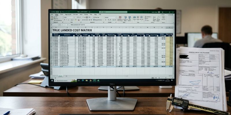 Detailed Excel spreadsheet showing a True Landed Cost Matrix next to physical shipping invoices and quality control tools.